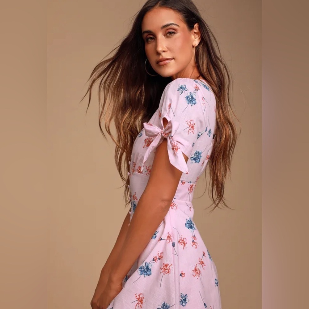 LULU'S Lilly Light Pink Floral Tie Sleeve Dress NWT S LG - Picture 3 of 15